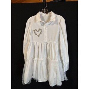 Women Babydoll Size 9 Shirt Tiered Mini Dress Tulle Layer White Oversized Heart